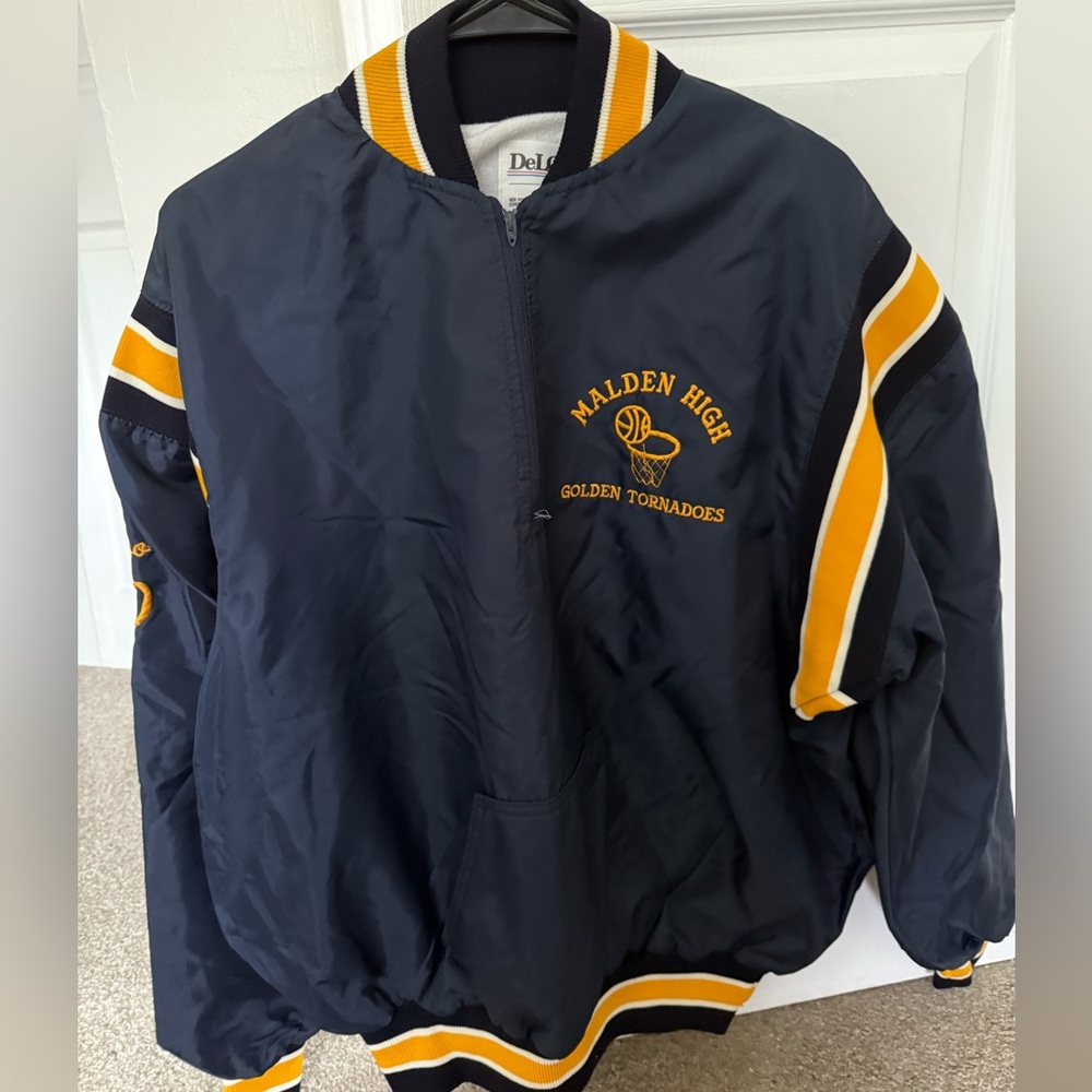 Navy Blue and Yellow Varsity Bomber Jacket with Ribbed Cuffs
